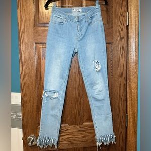 Free People Light Wash Ripped Jeans with Fringe